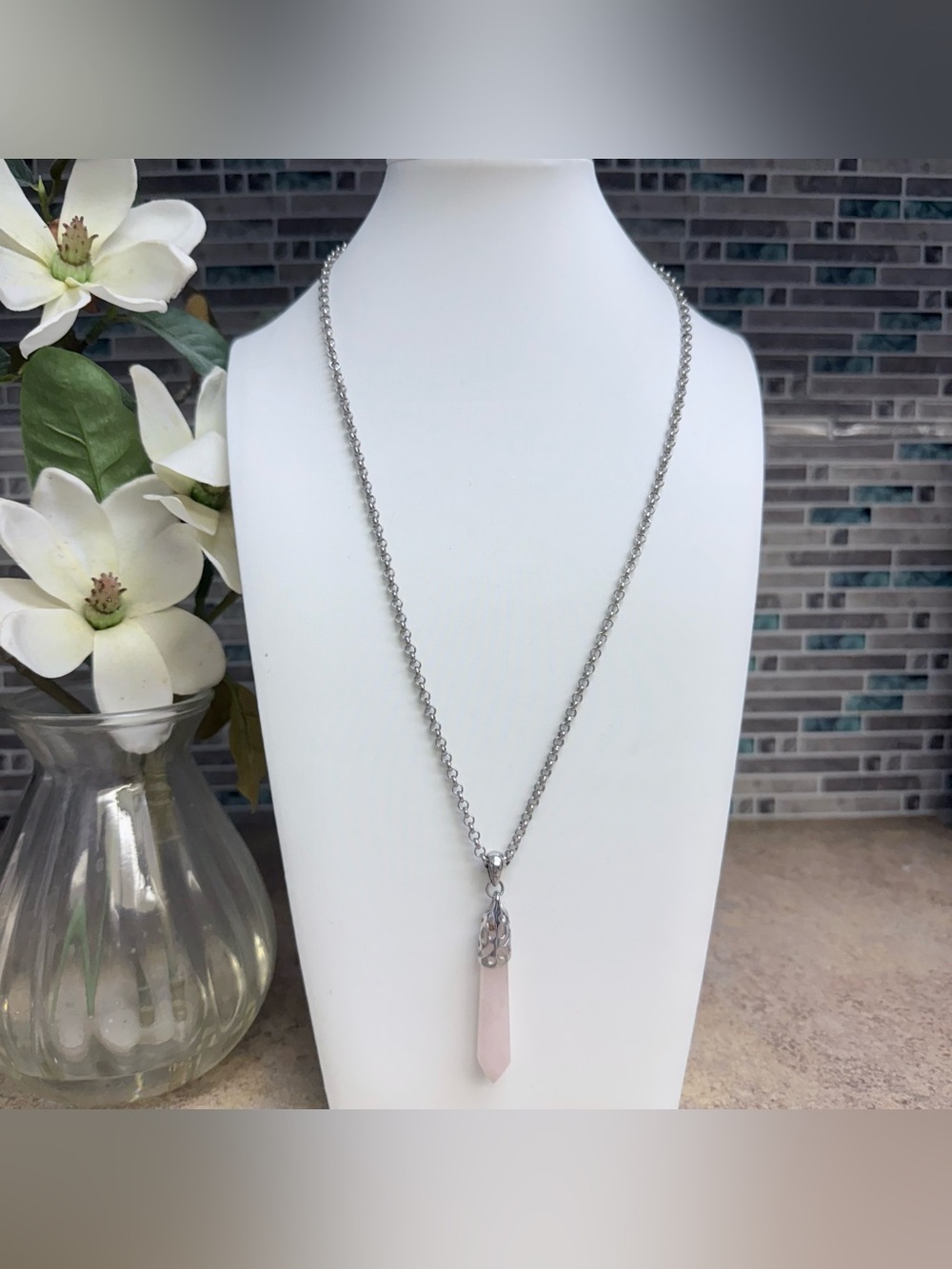 Boho Rose Quartz Hexagonal Prism Crystal Pendant Healing Stone Necklace Silver